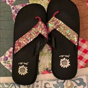 Pink and silver sequins flip flops yellow box 6.5